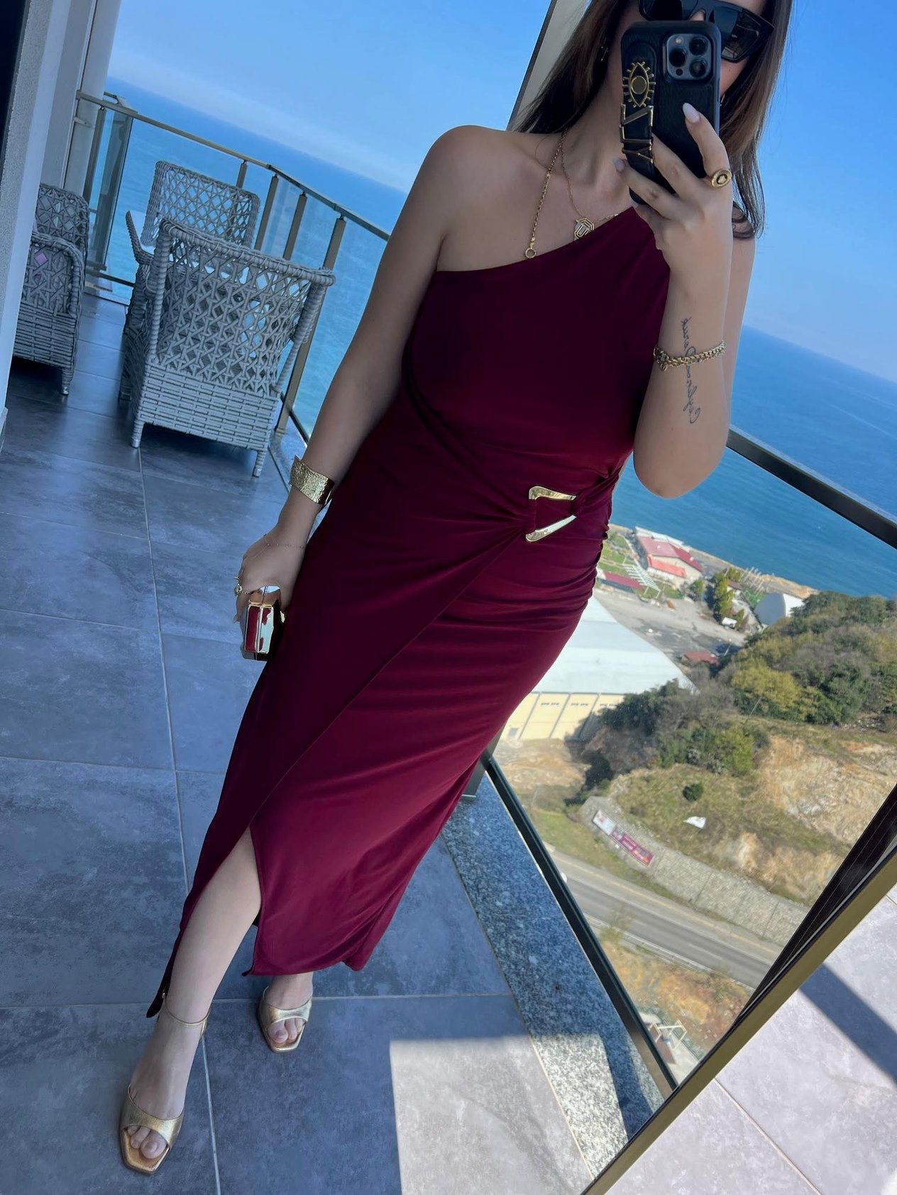 9030 Tek Omuz Sandy Elbise BORDO