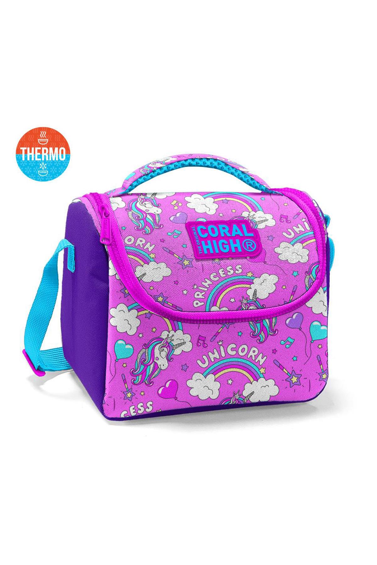 Mor Açık Pembe Unicorn Desenli Kız Çocuk Beslenme Çantası