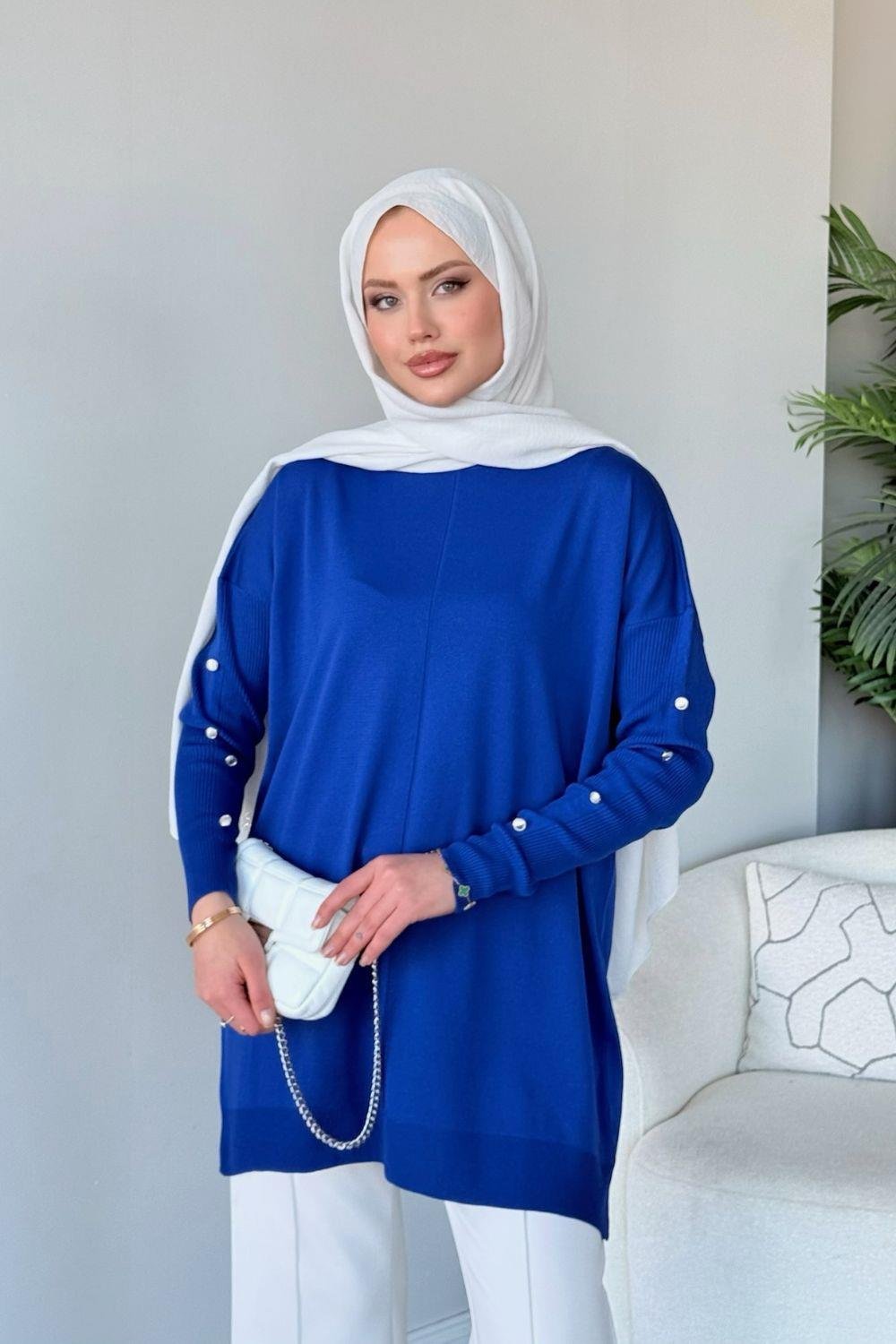 Düğmeli Merserize Tunik Saks 24281 