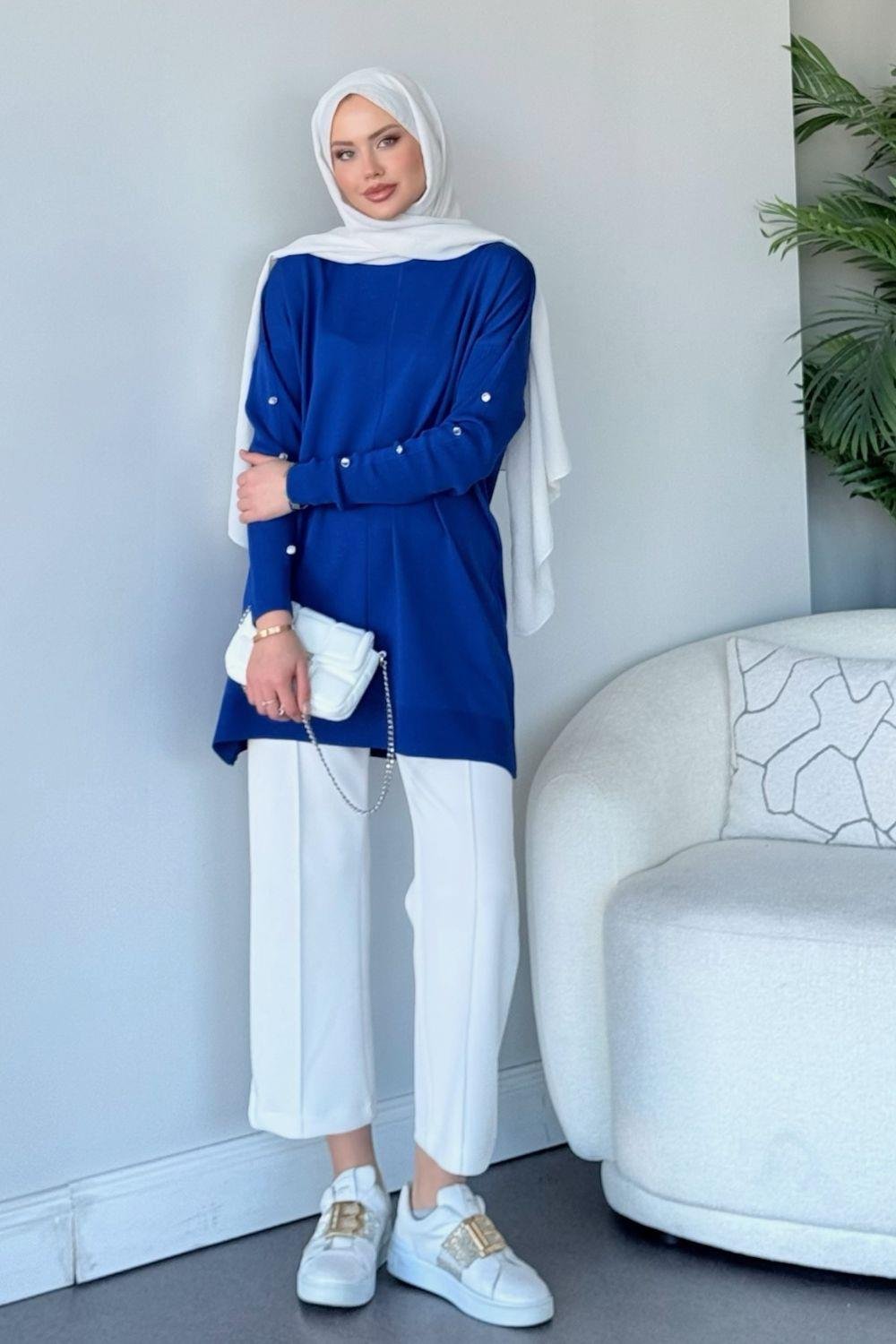 Düğmeli Merserize Tunik Saks 24281 