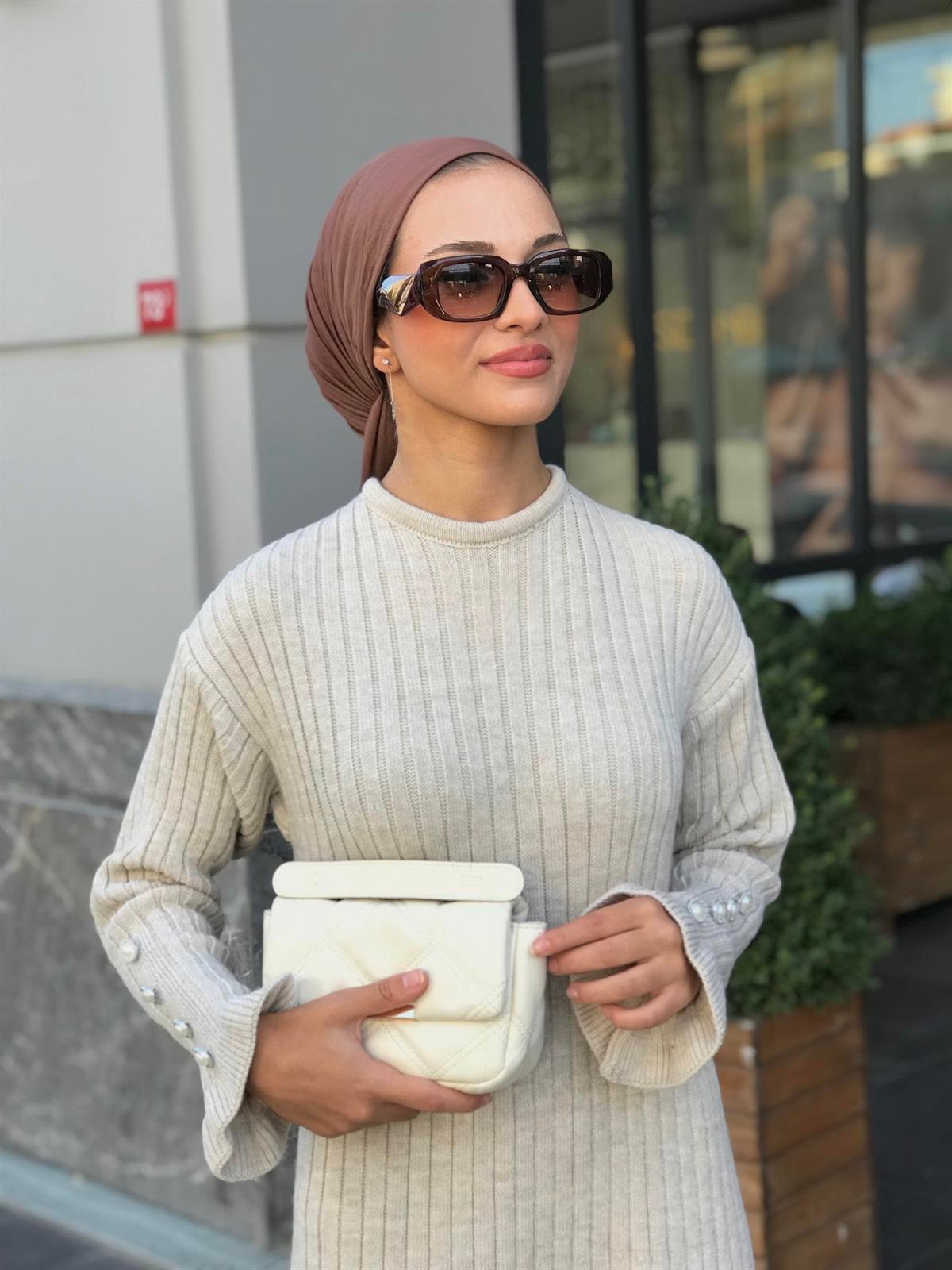 Alice Kolu Düğmeli Triko Elbise Vizon