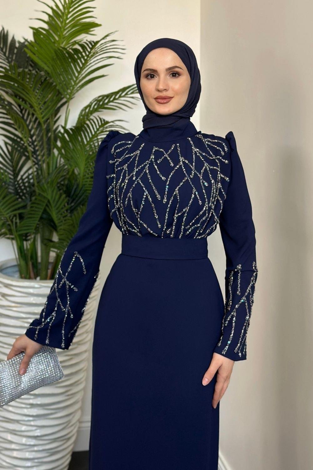 Anatolia Taşlı Krep Abiye Lacivert