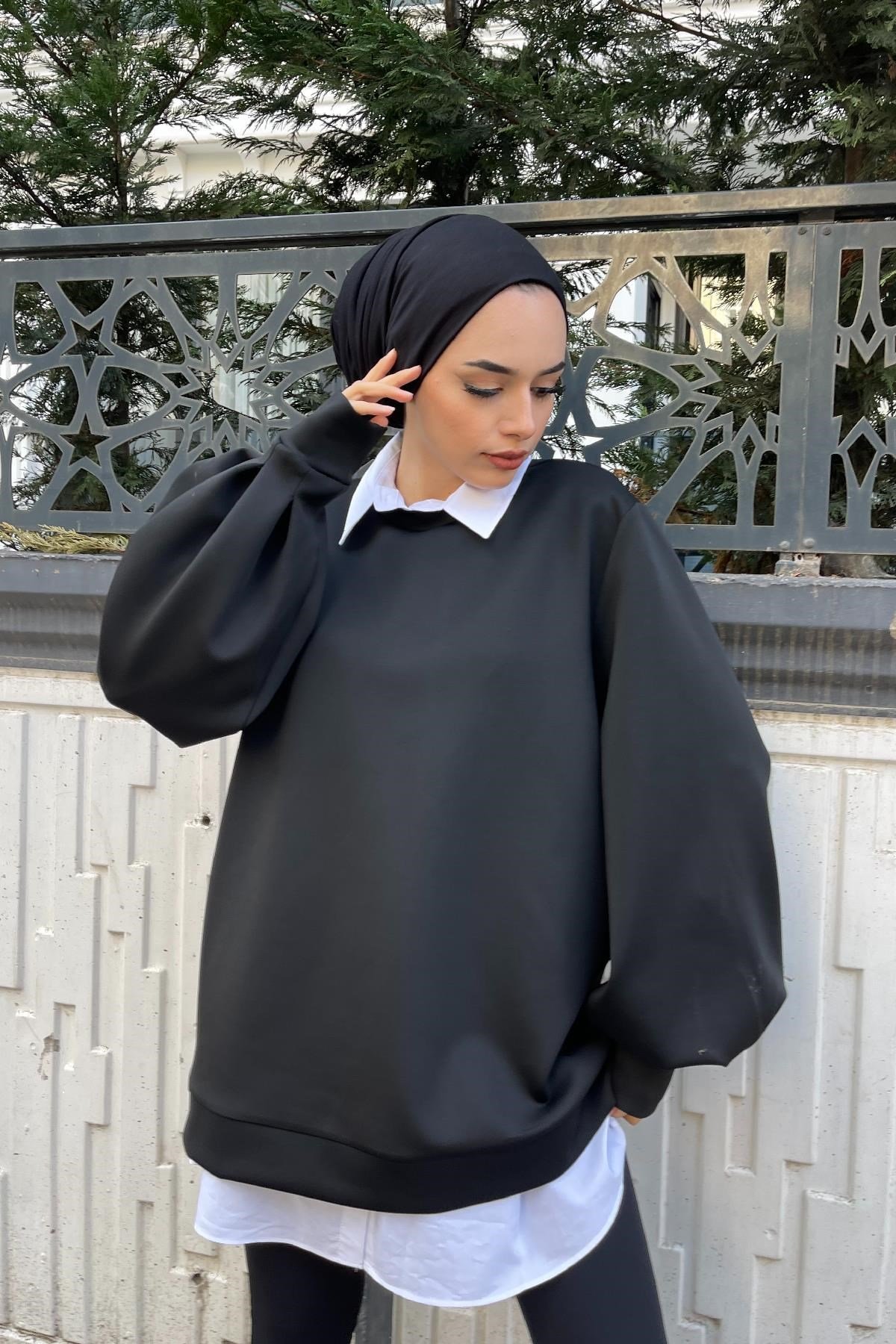 Bisiklet Yaka Scuba Sweat Siyah