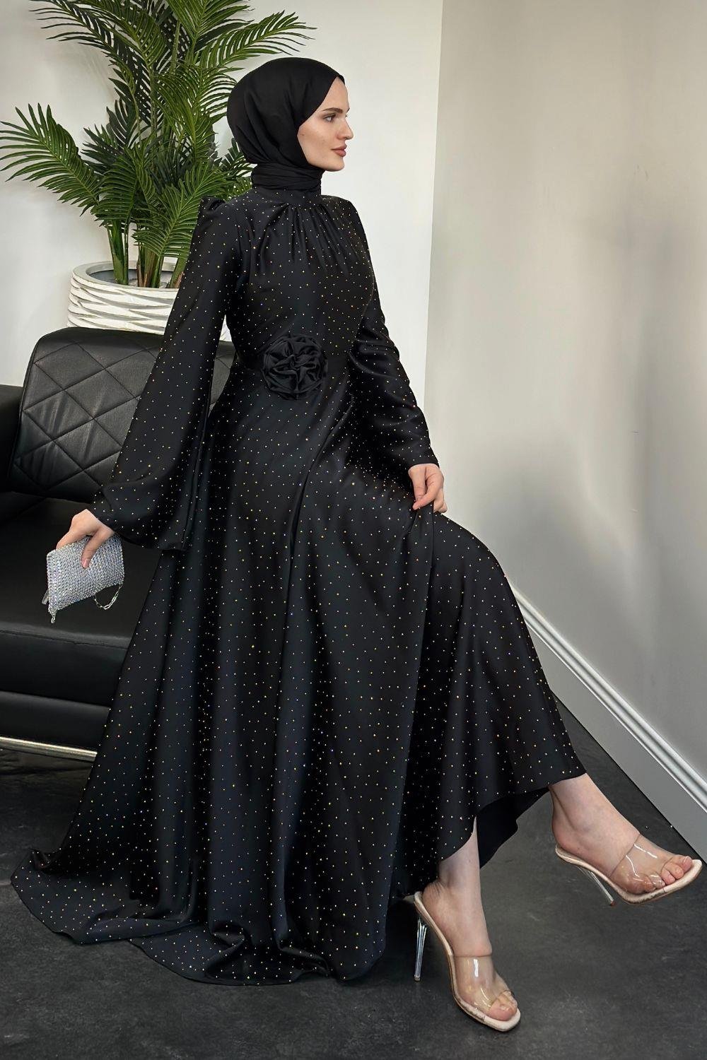 Branca Taşlı Gül Tokalı Abiye Siyah