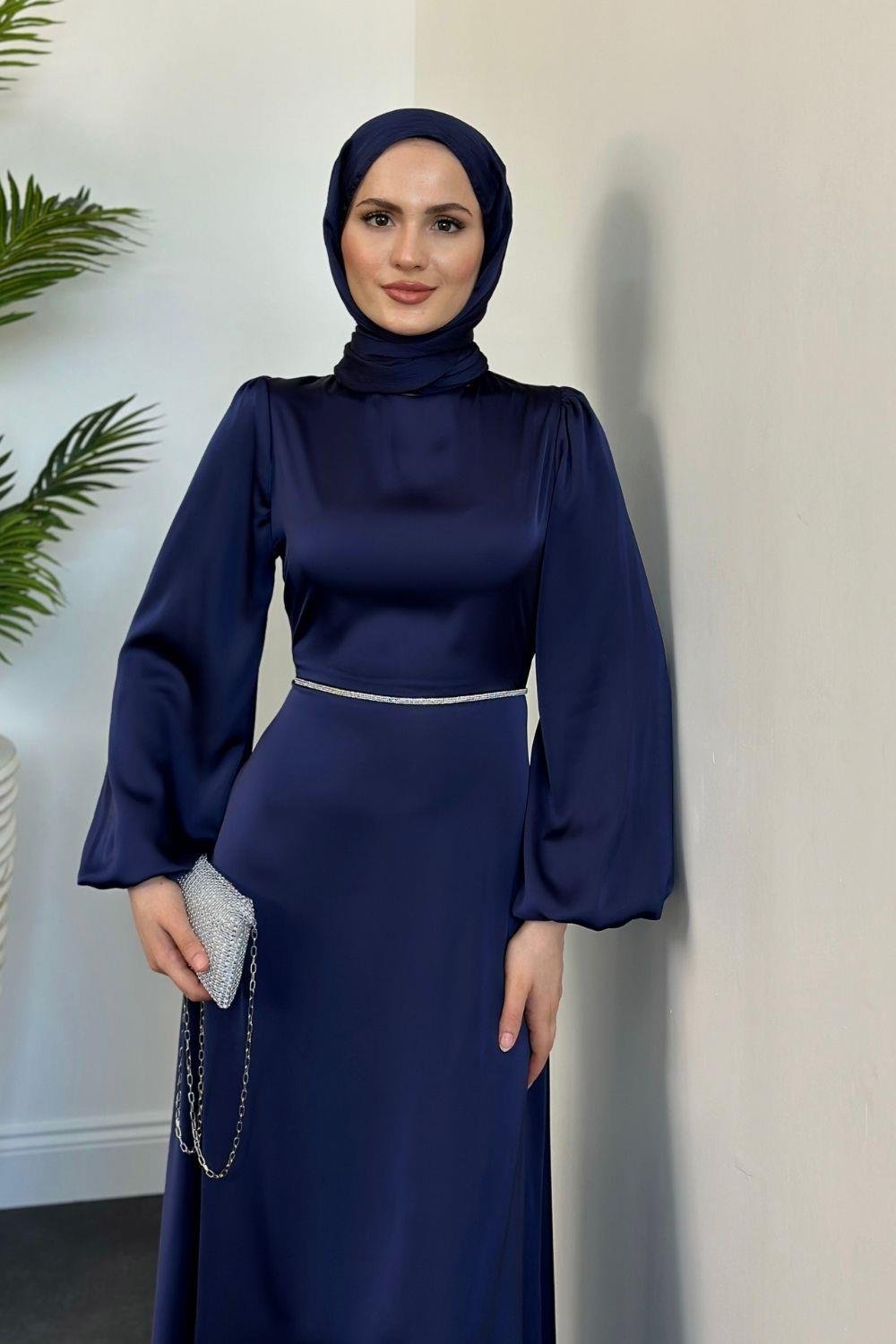 Canna Beli Taş İşlemeli Saten Abiye Lacivert