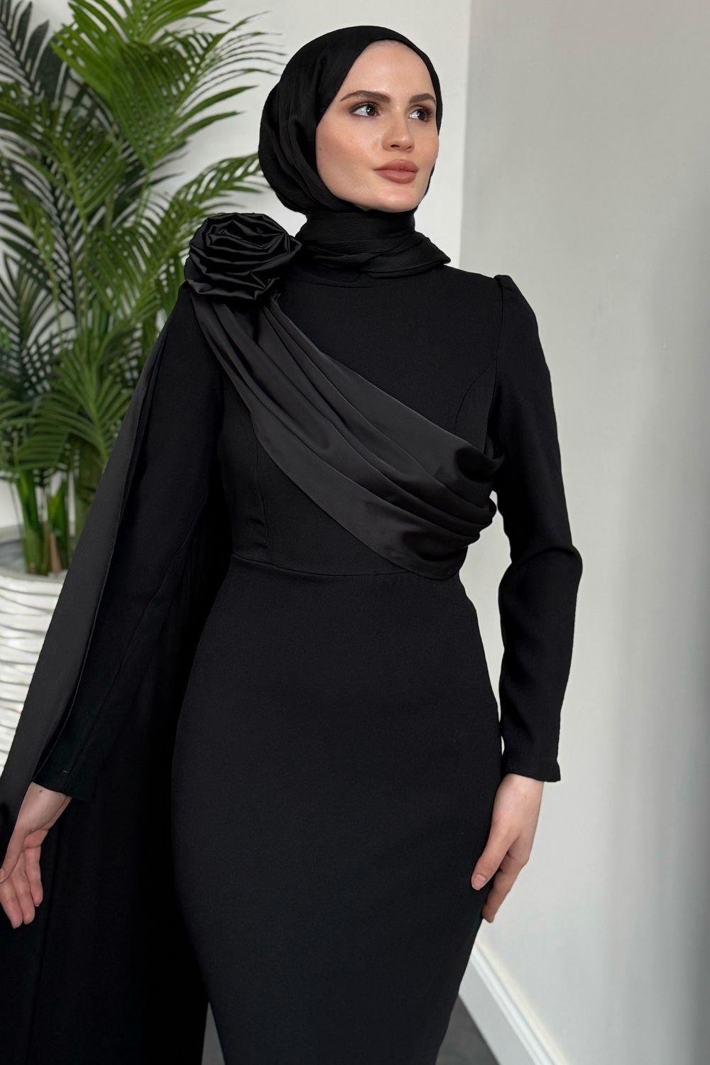 Castilya Pelerinli Omzu Gül Abiye Black