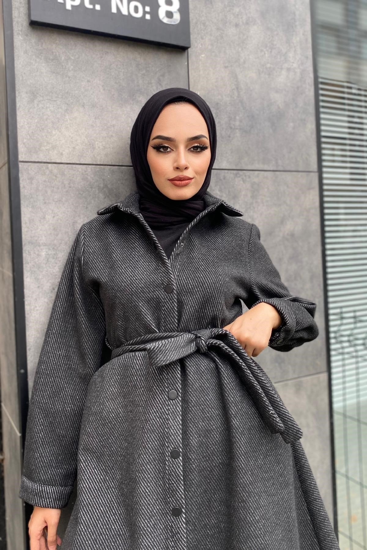 Çizgili Boydan Çıtçıtlı Kaşe Kaban Füme