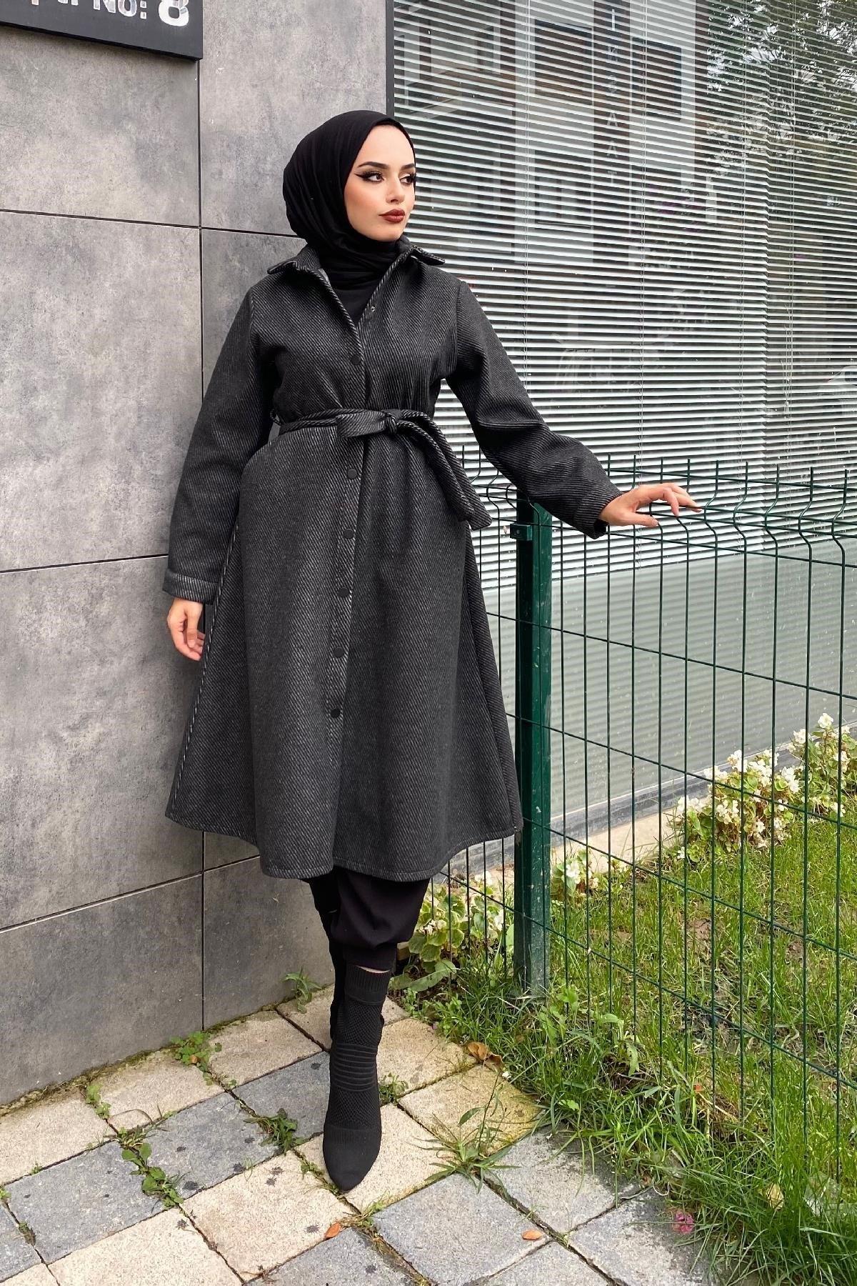 Çizgili Boydan Çıtçıtlı Kaşe Kaban Füme