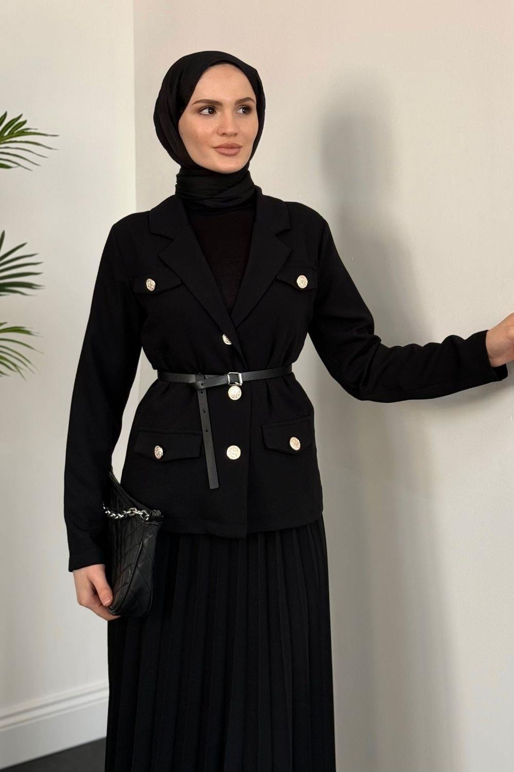 Elina Blazer Pliseli Etek Takım Siyah