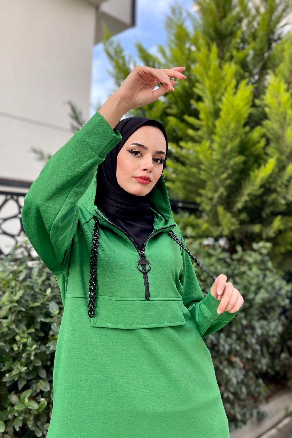 Kanguru Cep Zincir Detay Takım Yeşil