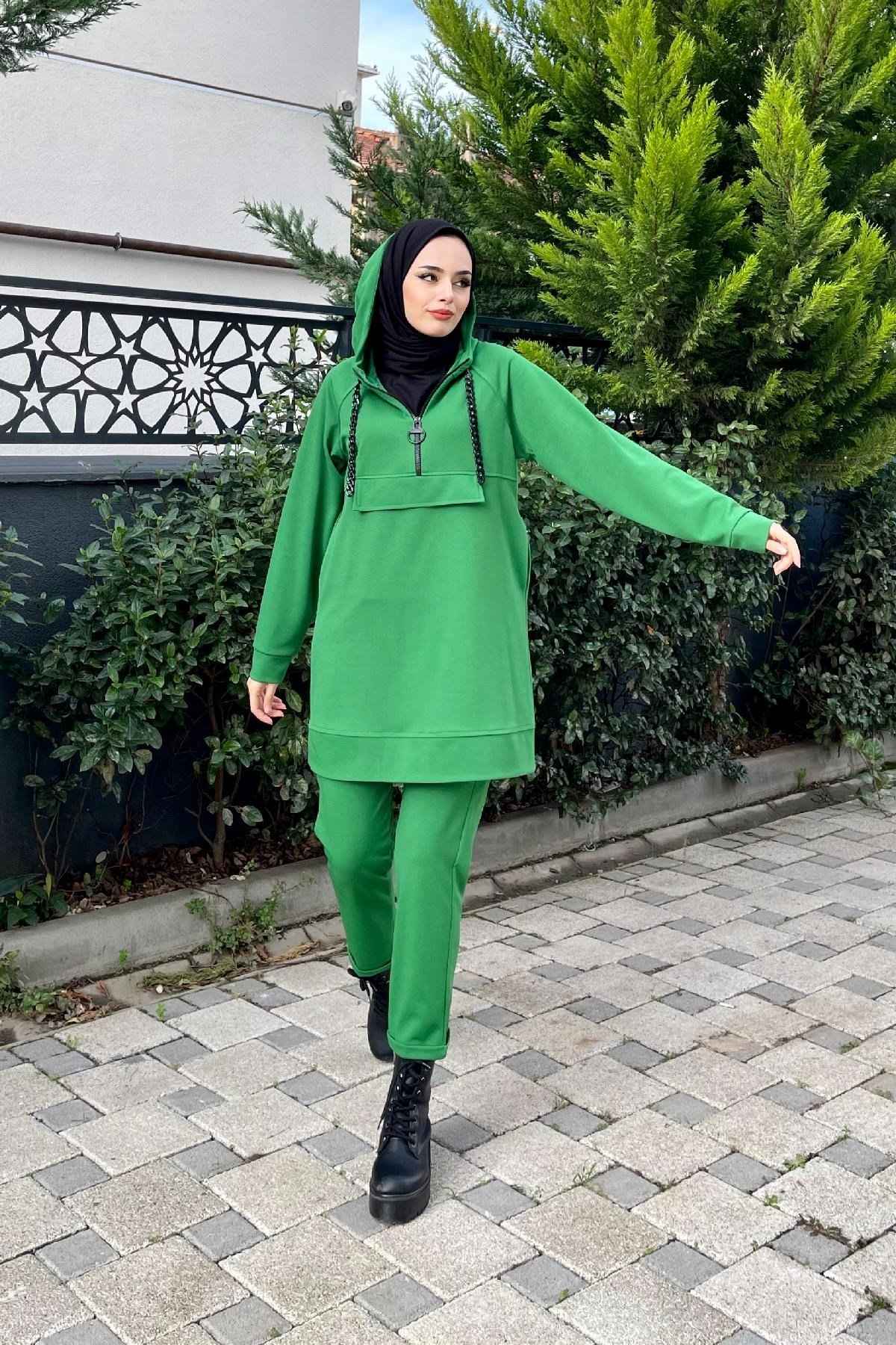 Kanguru Cep Zincir Detay Takım Yeşil