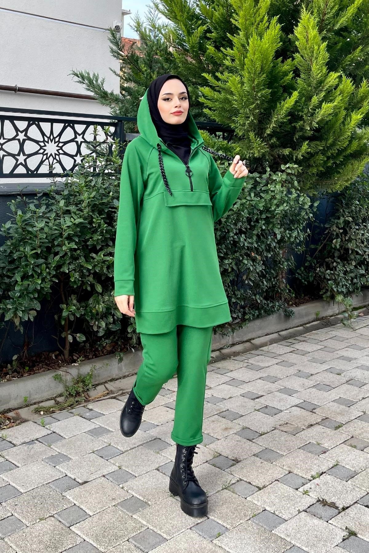 Kanguru Cep Zincir Detay Takım Yeşil