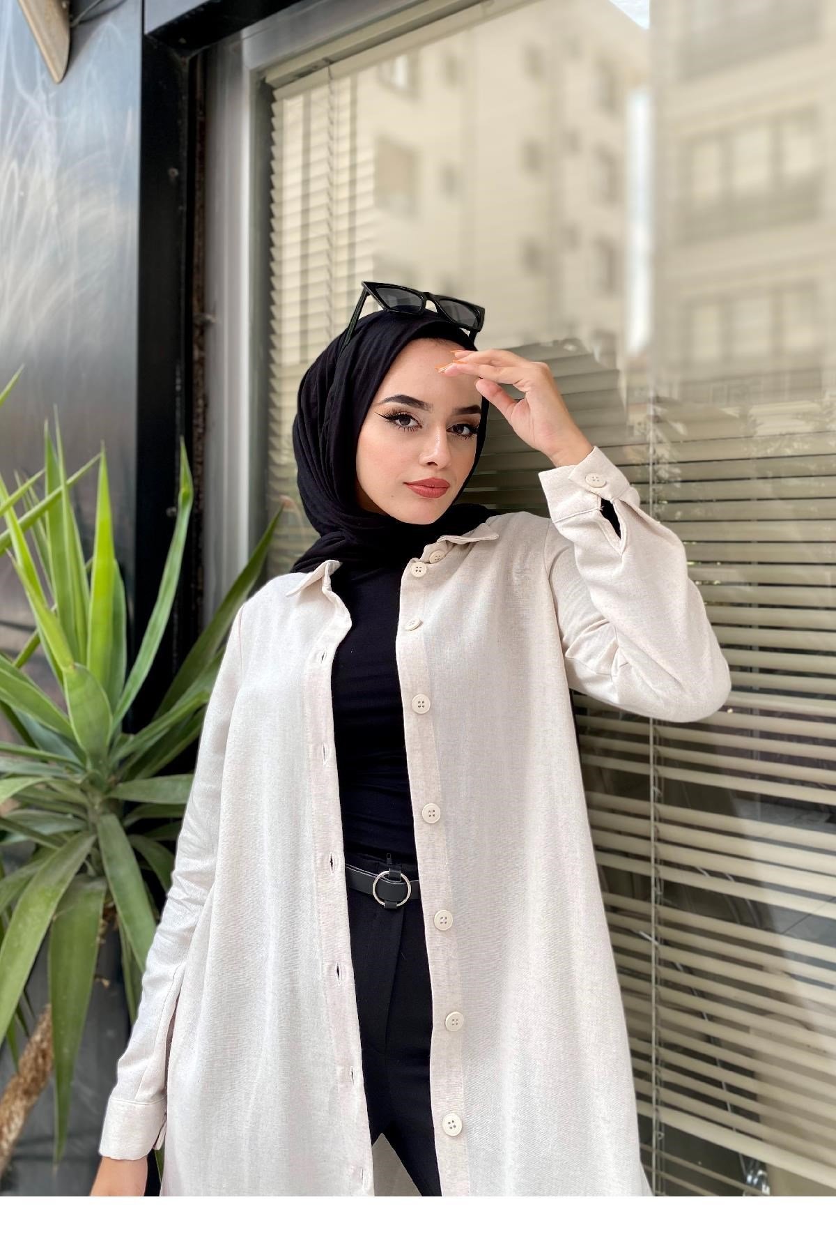 Kolları ve Önden Düğmeli Tunik Bej