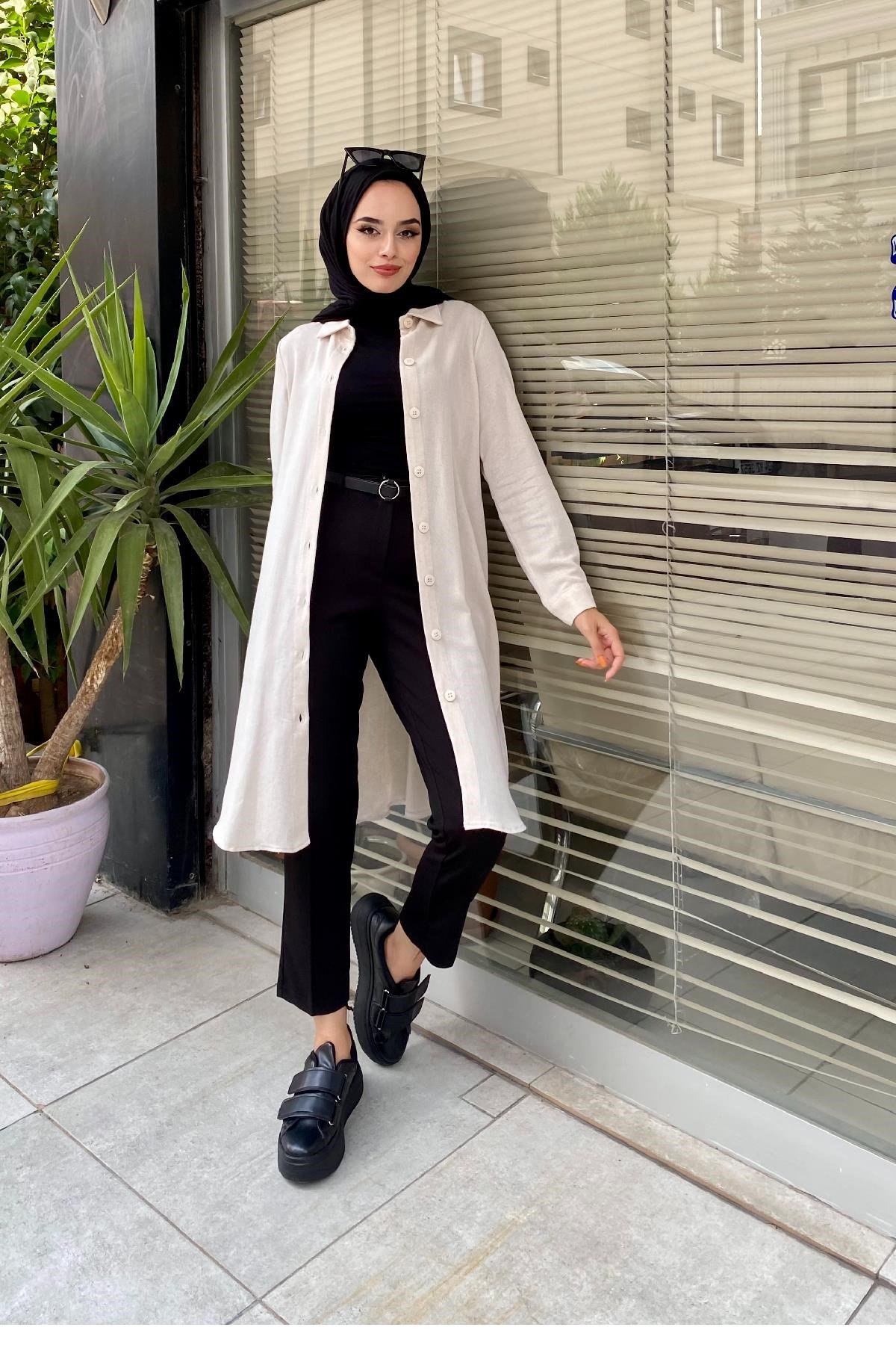 Kolları ve Önden Düğmeli Tunik Bej