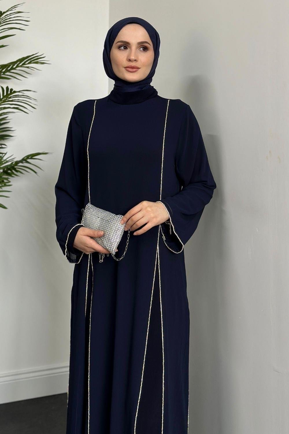 Mariah Şifon Taşlı Abaya Lacivert