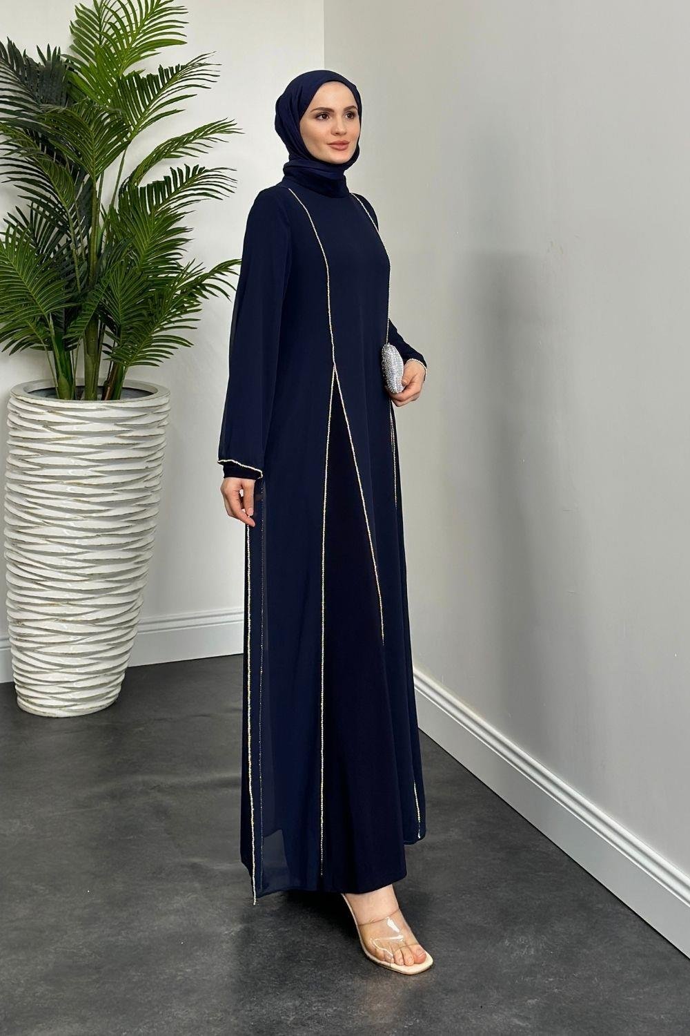Mariah Şifon Taşlı Abaya Lacivert