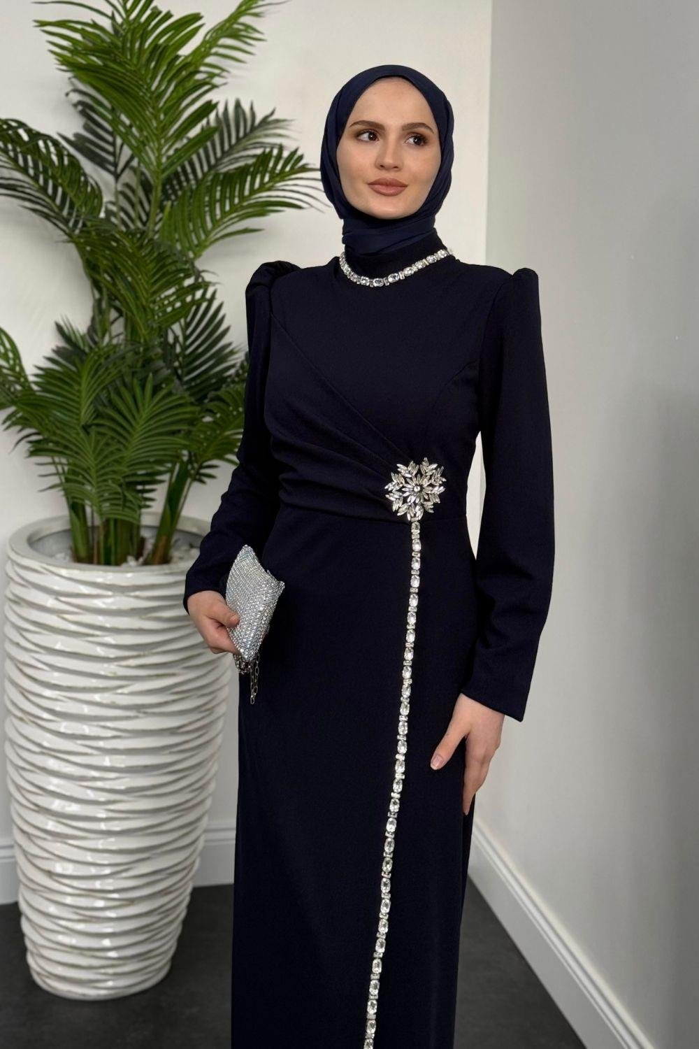 Martha Kar Taneli Taşlı Abiye Koyu Lacivert