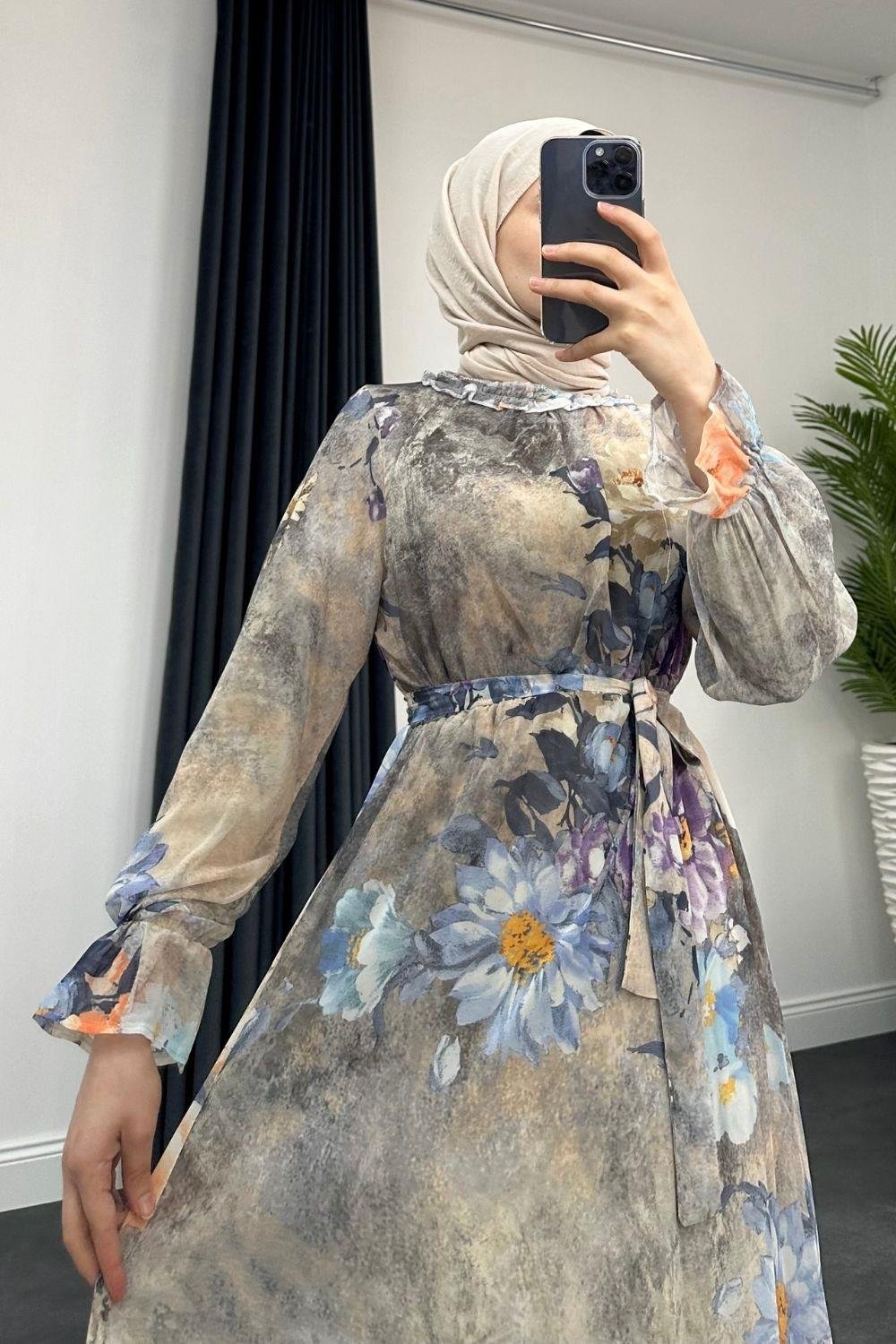 Nadya Astarlı Şifon Elbise Gri
