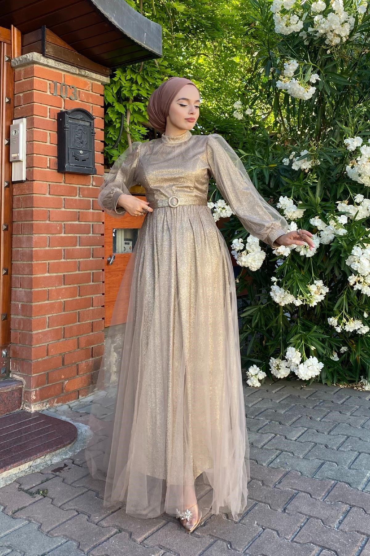 Simli Kemerli Tül Abiye Gold