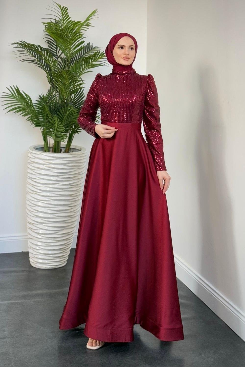 Tiana Pul Payet Abiye Bordo