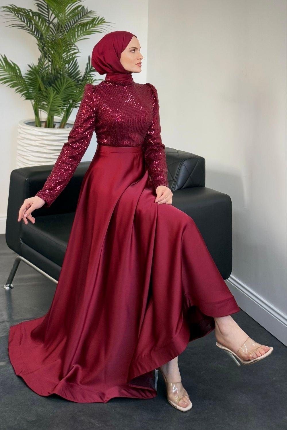 Tiana Pul Payet Abiye Bordo