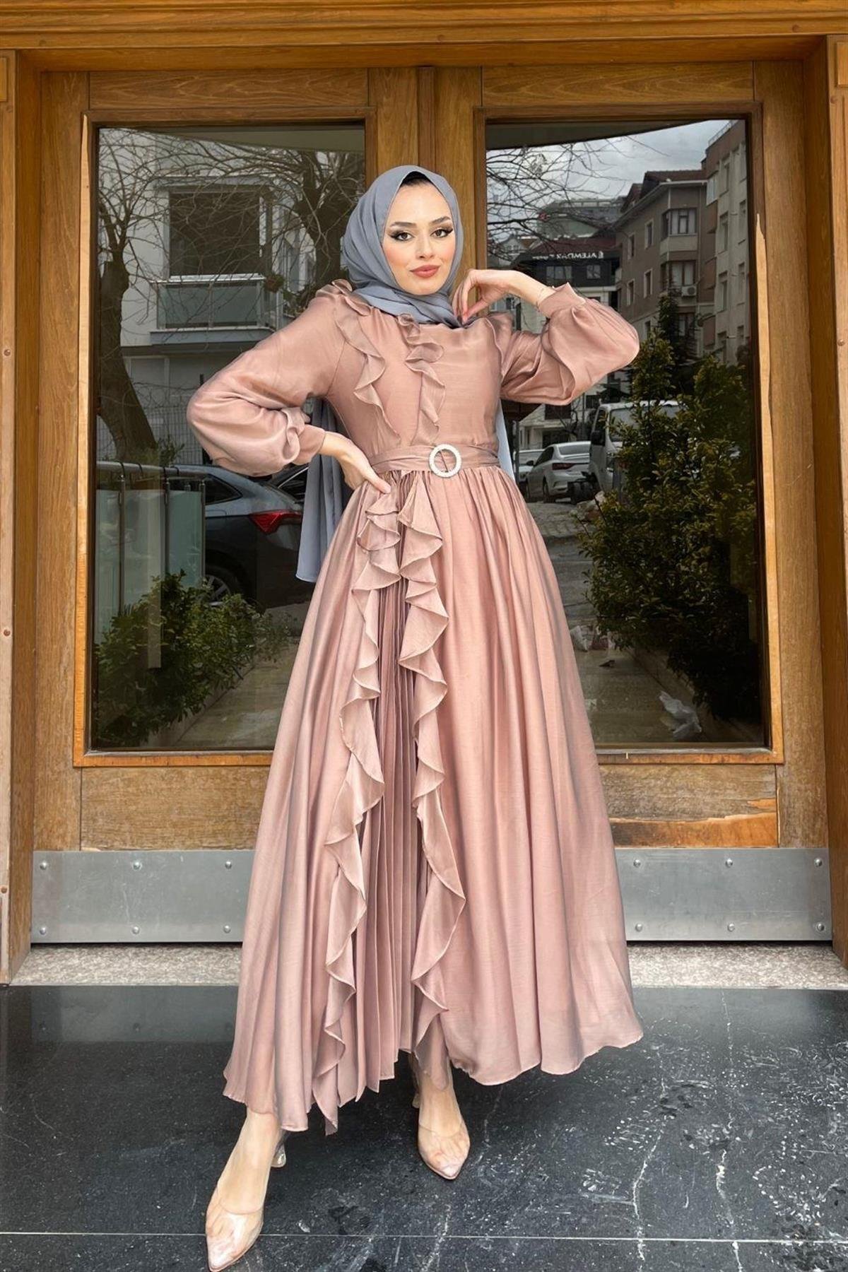 Yandan Fırfır Pilise Detay Abiye Sütlükahve