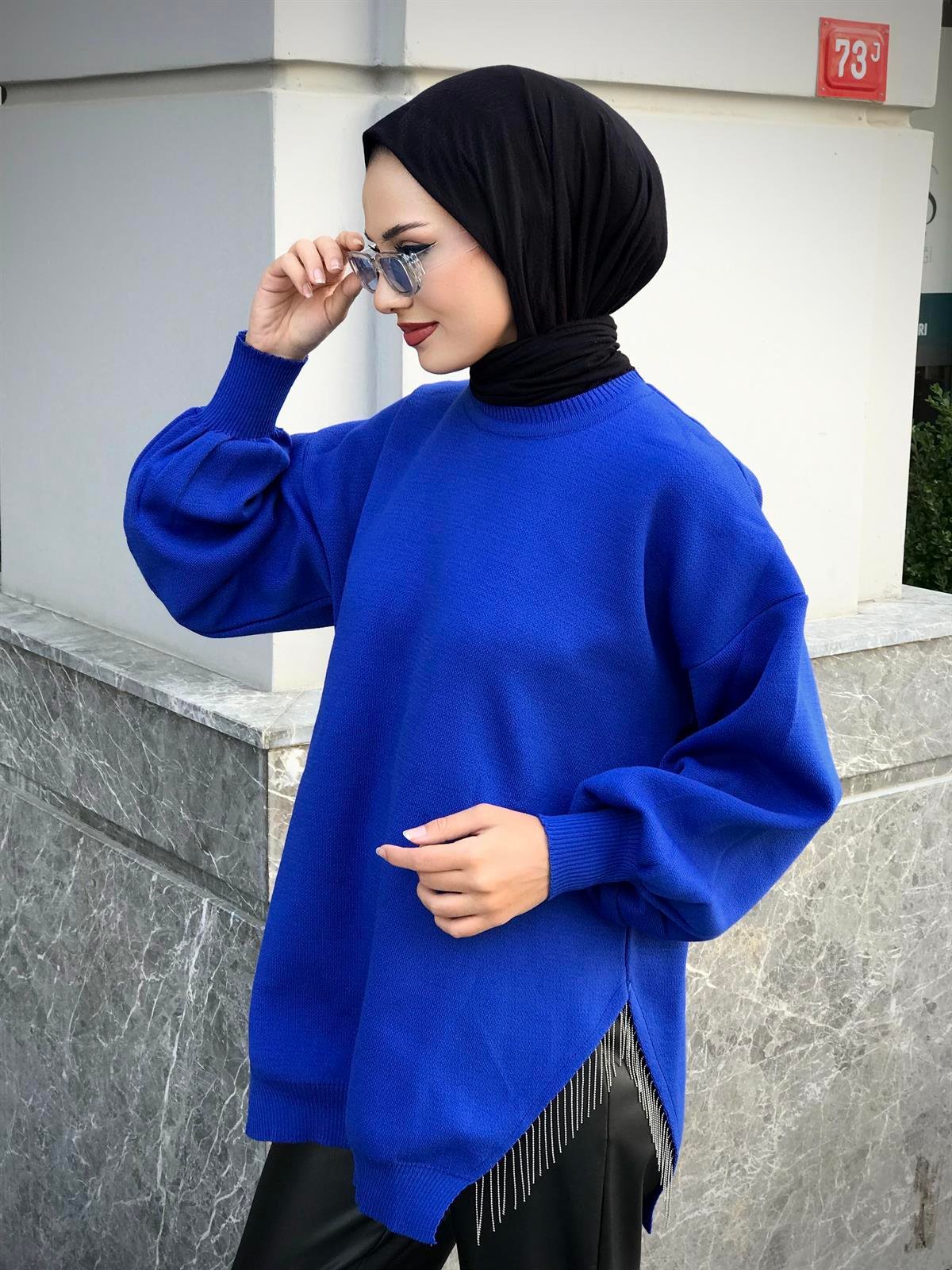 Yarı Zincirli Triko Tunik Saks