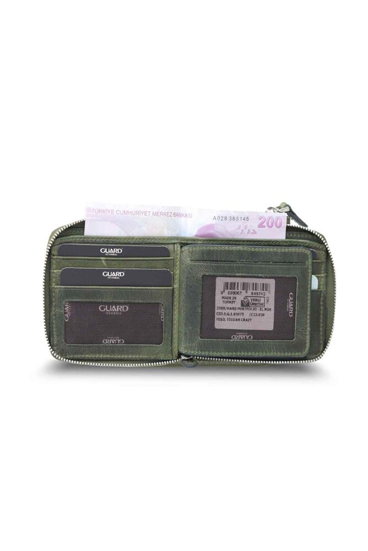 Guard Antik Yeşil Fermuarlı Yatay Mini Deri Cüzdan