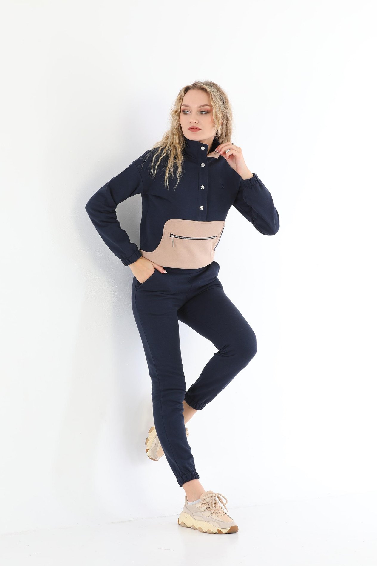 Edelle Dik Yaka Çıt Çıtlı Lacivert_Bej Sweatshirt Eşofman Takımı