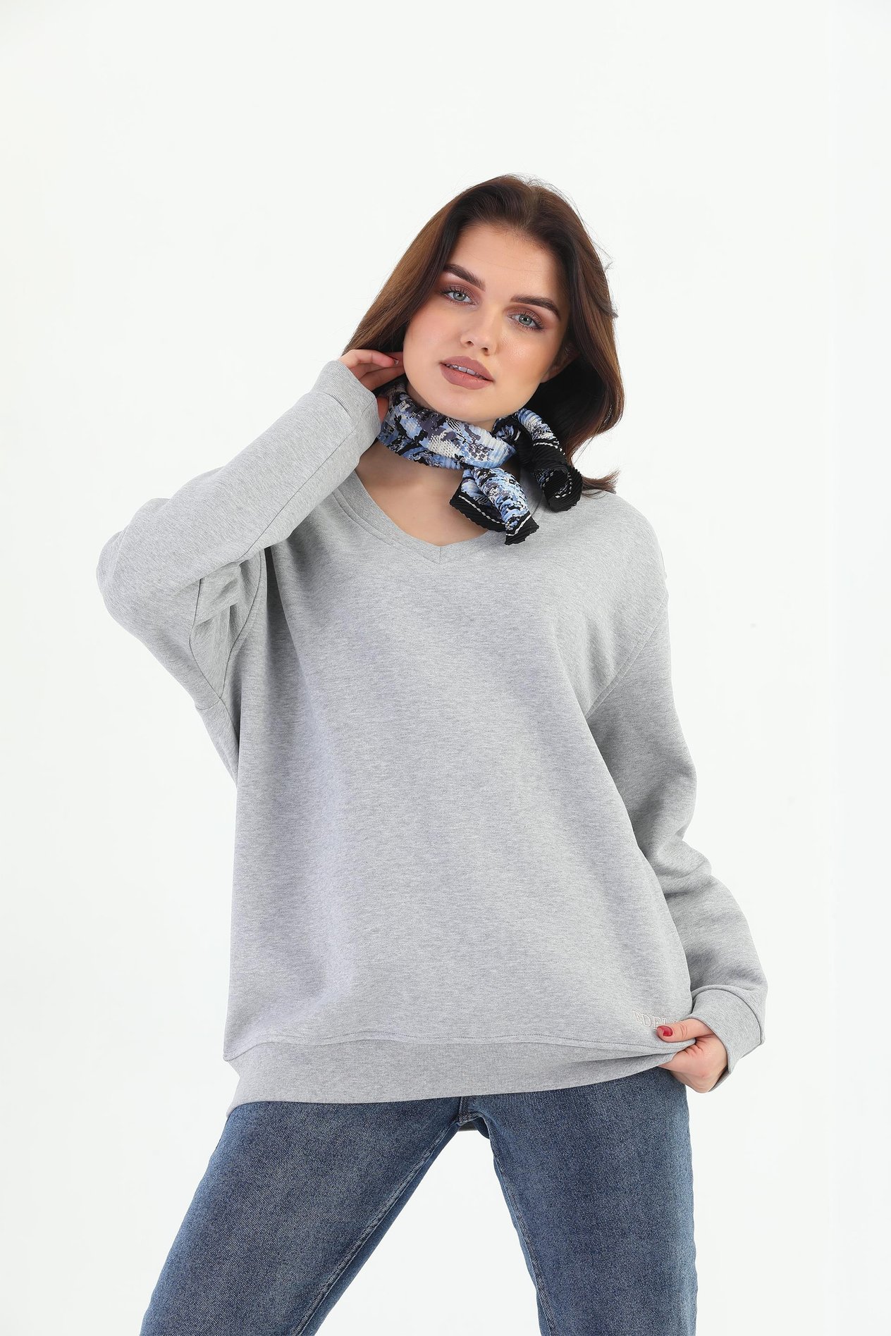 Edelle Gri Melanj Organik Kadın Sweatshirt Oversize V-Yaka