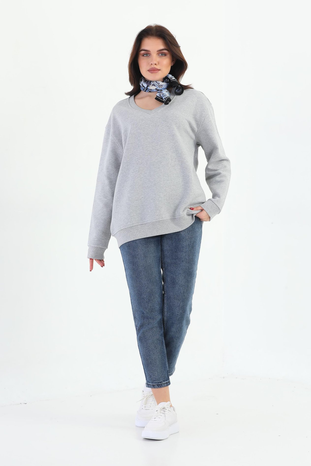 Edelle Gri Melanj Organik Kadın Sweatshirt Oversize V-Yaka
