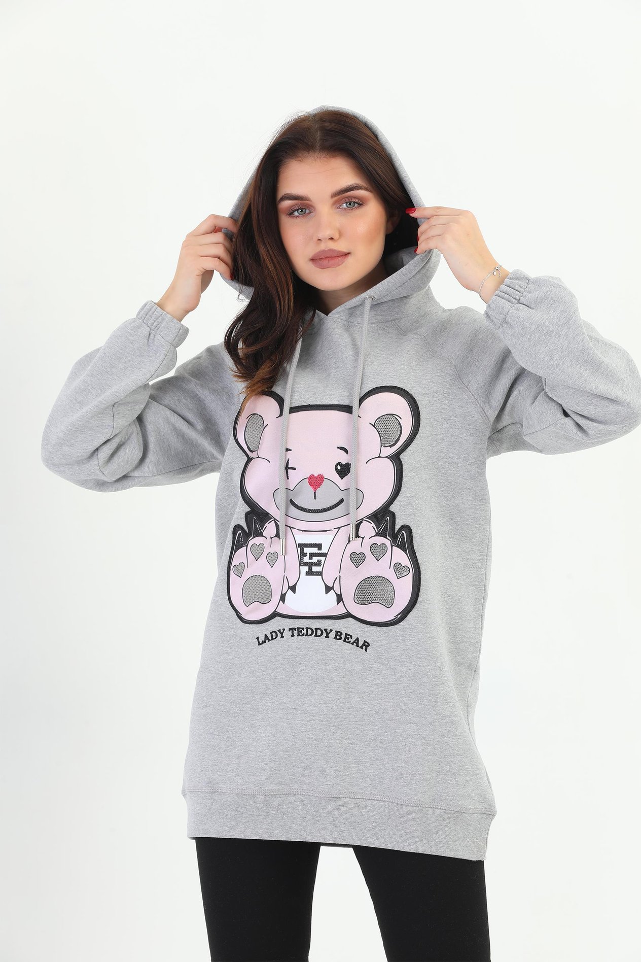Edelle Gri Melanj Organik Lady Teddy Bear Desenli Kapüşonlu Kadın Sweatshirt