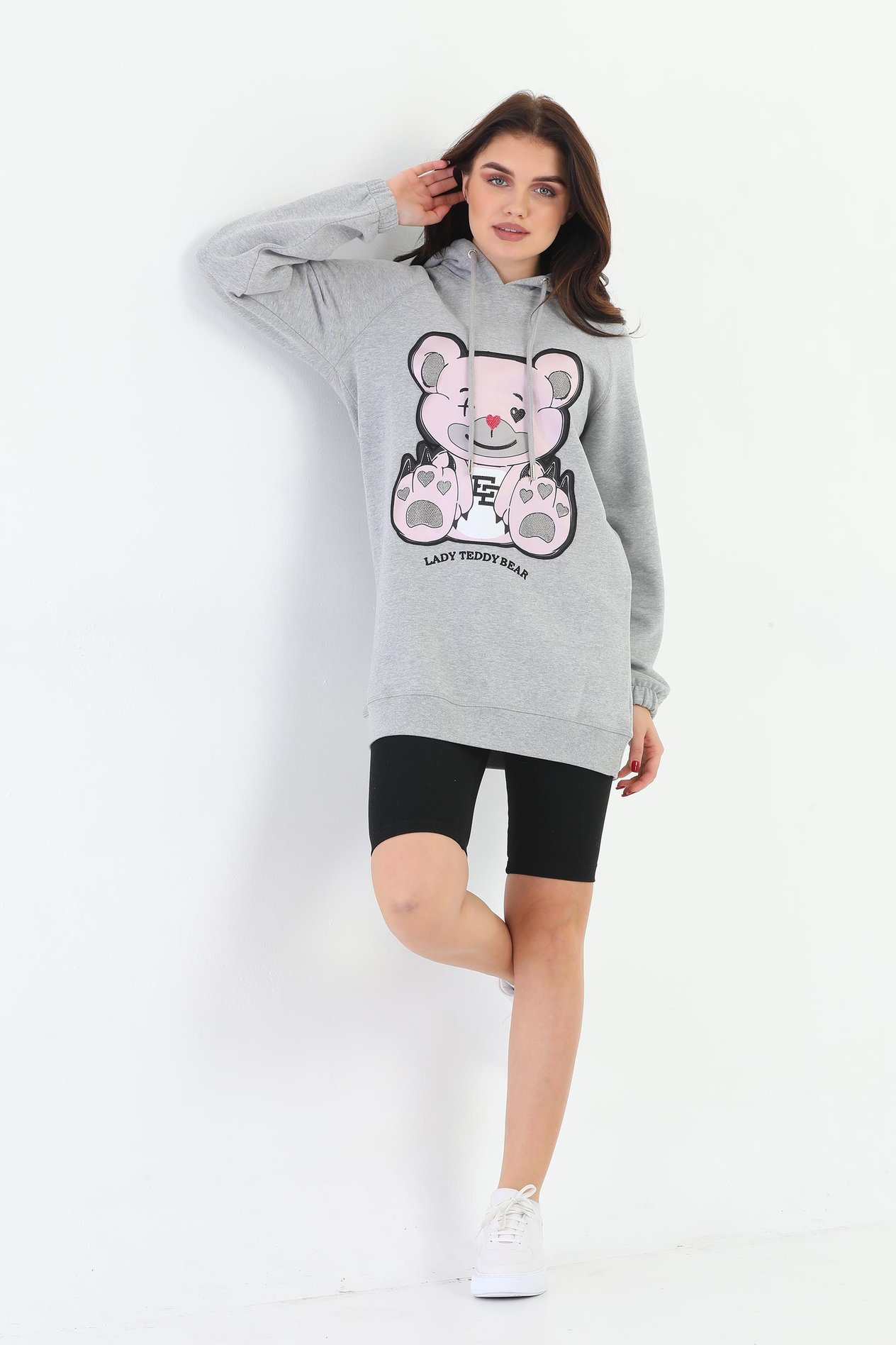 Edelle Gri Melanj Organik Lady Teddy Bear Desenli Kapüşonlu Kadın Sweatshirt