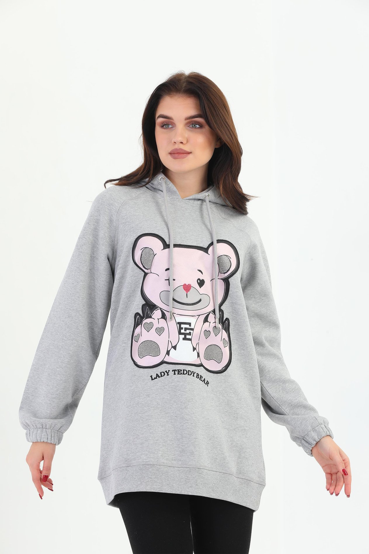 Edelle Gri Melanj Organik Lady Teddy Bear Desenli Kapüşonlu Kadın Sweatshirt