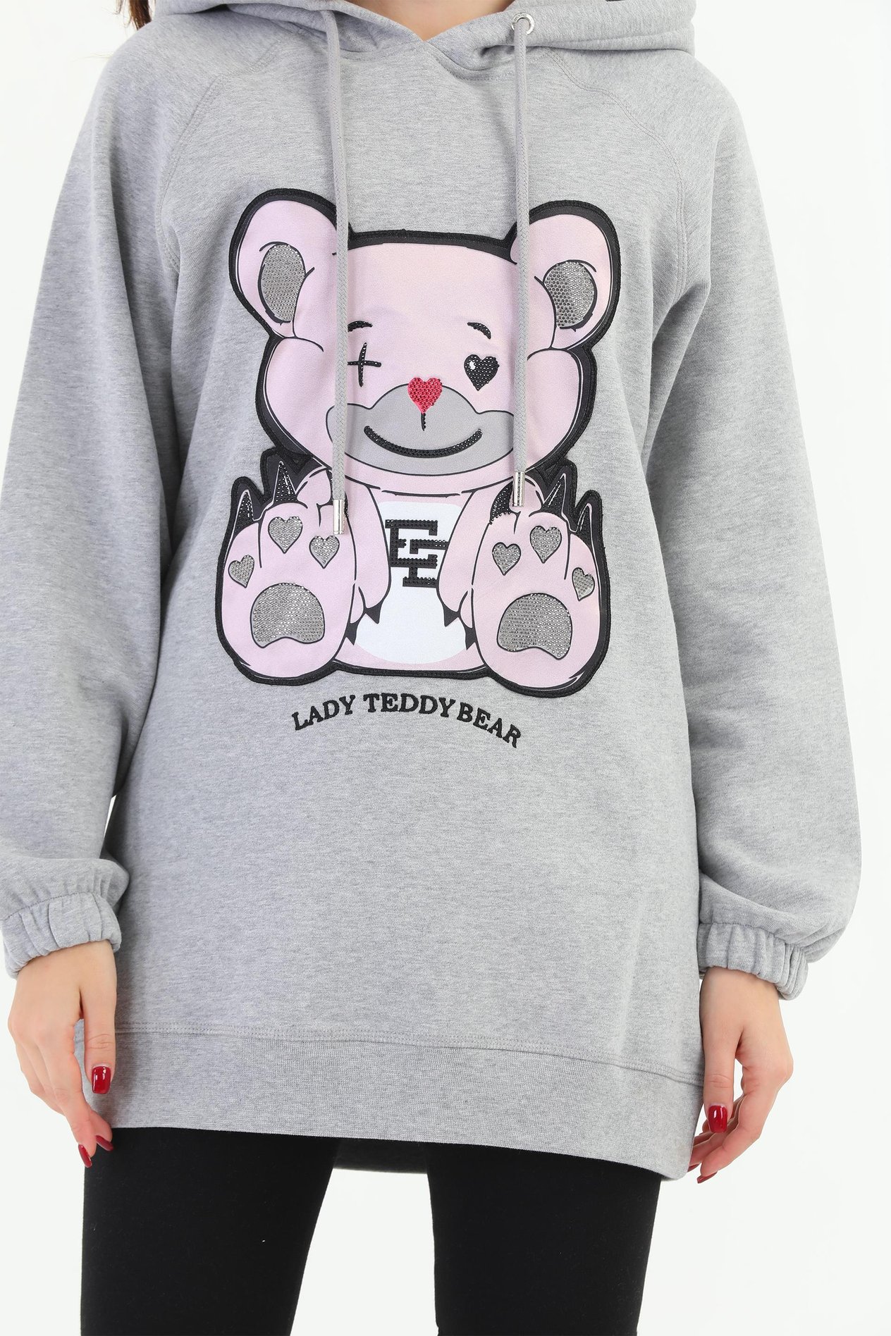 Edelle Gri Melanj Organik Lady Teddy Bear Desenli Kapüşonlu Kadın Sweatshirt