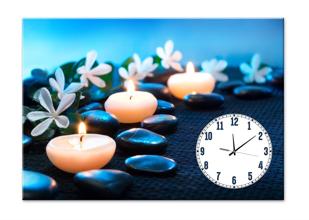 Spa Taşları Mum Işıklı Saatli Mavi Renkli Kanvas Tablo