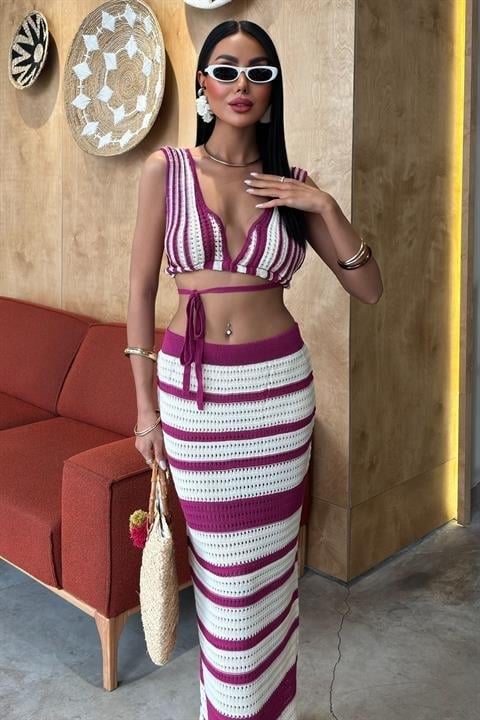 Çizgili Bikini Üst Ve Etek Triko Takım 10110