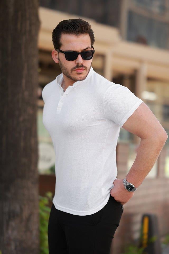 Erkek Hakim Yaka Dokuma Pamuklu Kumaş Kısa Kollu T-shirt