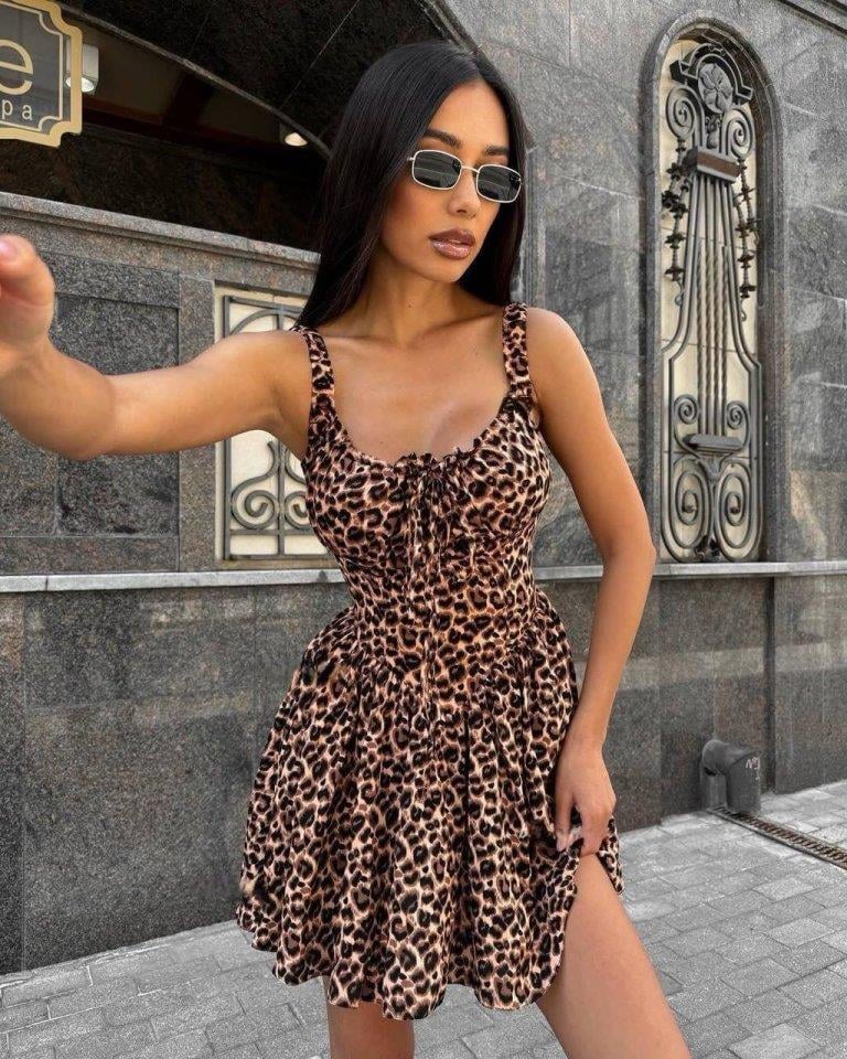 Kadın Dalgıç Kumaş önden Bağlamalı Leopar Desenli Elbise