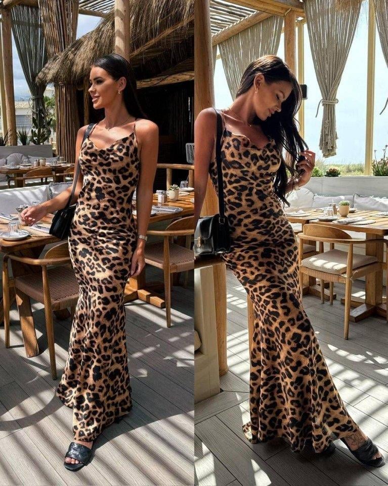 Kadın Saten Kumaş Leopar Desenli Uzun Askılı Elbise