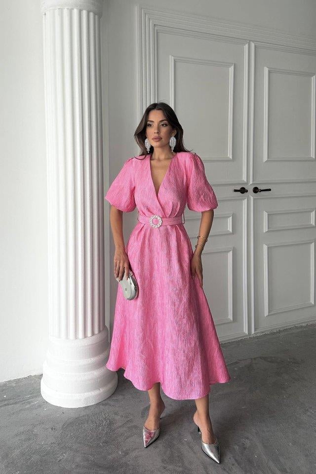 Pembe Işıltılı Kemerli Kruvaze Elbise
