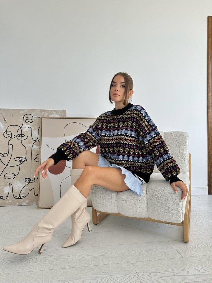 Siyah Desenli Triko Kazak