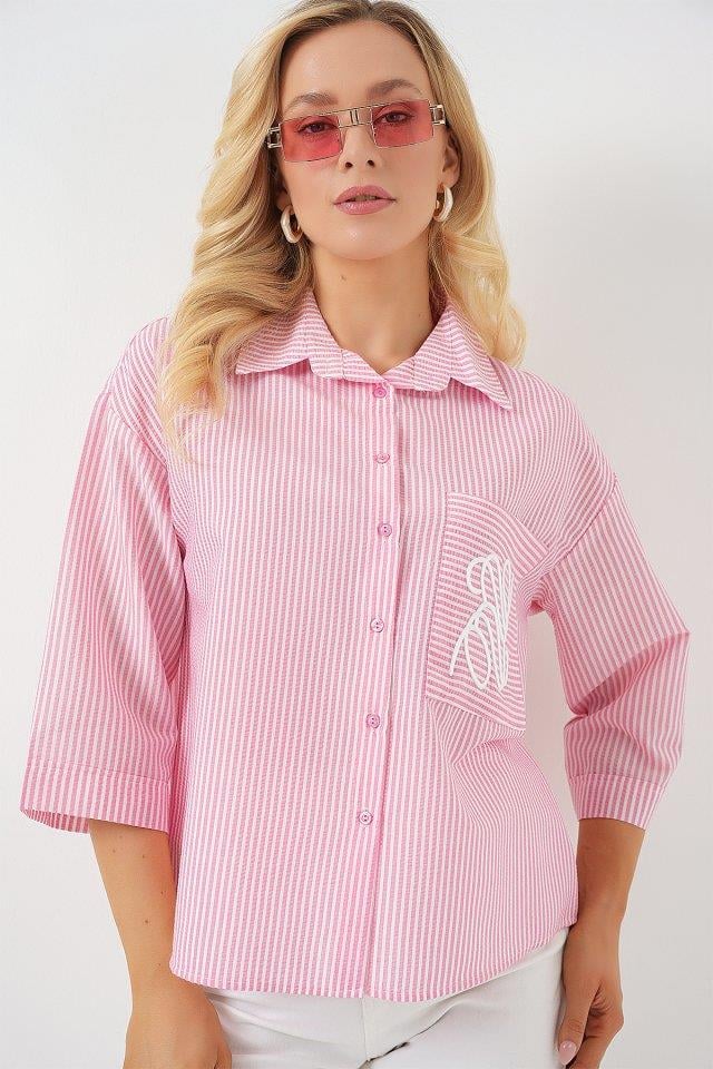 Tek Cep Nakışlı Gömlek 20328 - Pembe