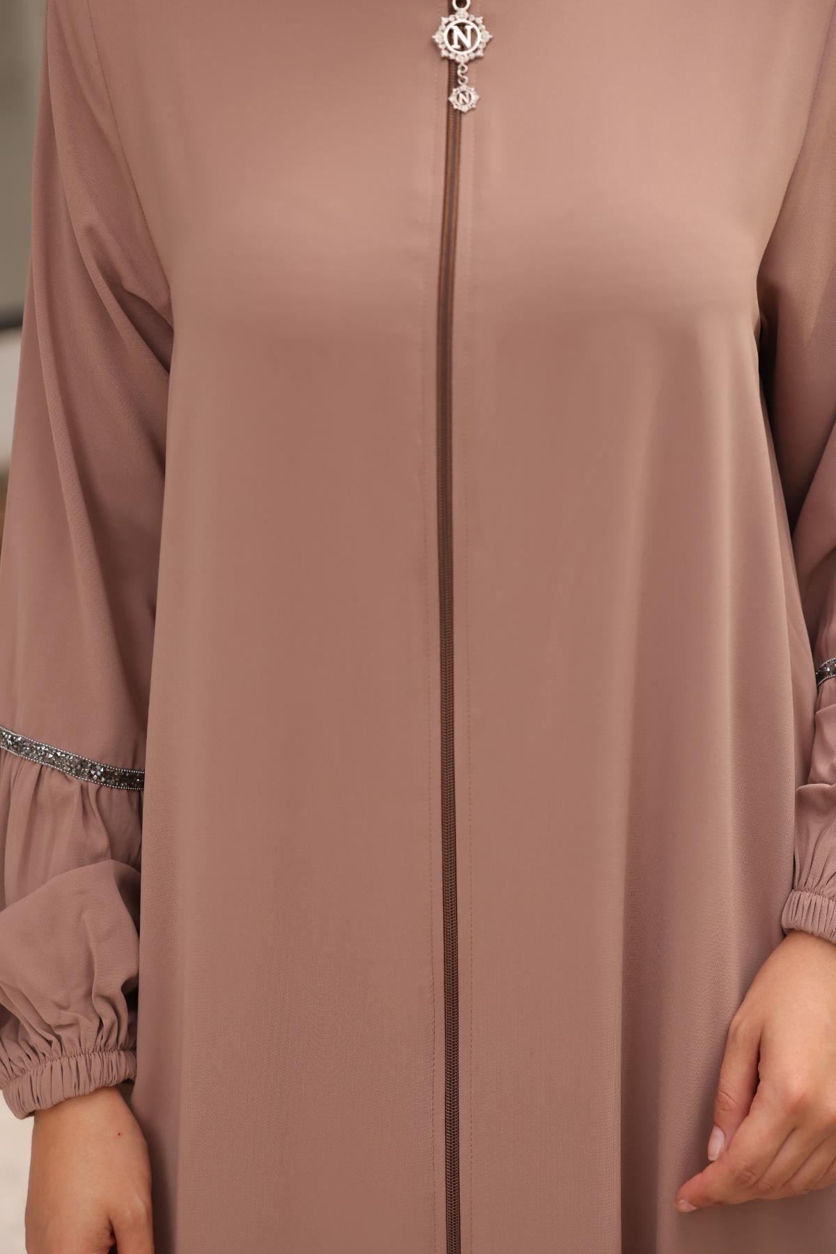 Açık Camel Balon Kol Taşlı Ferace Nsr5017