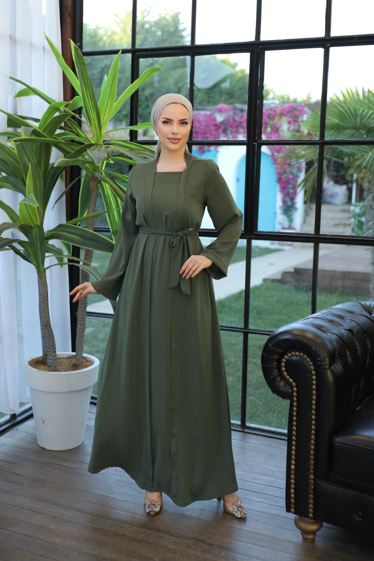 Açık Haki Abaya Görünümlü Elbise Nsr5040