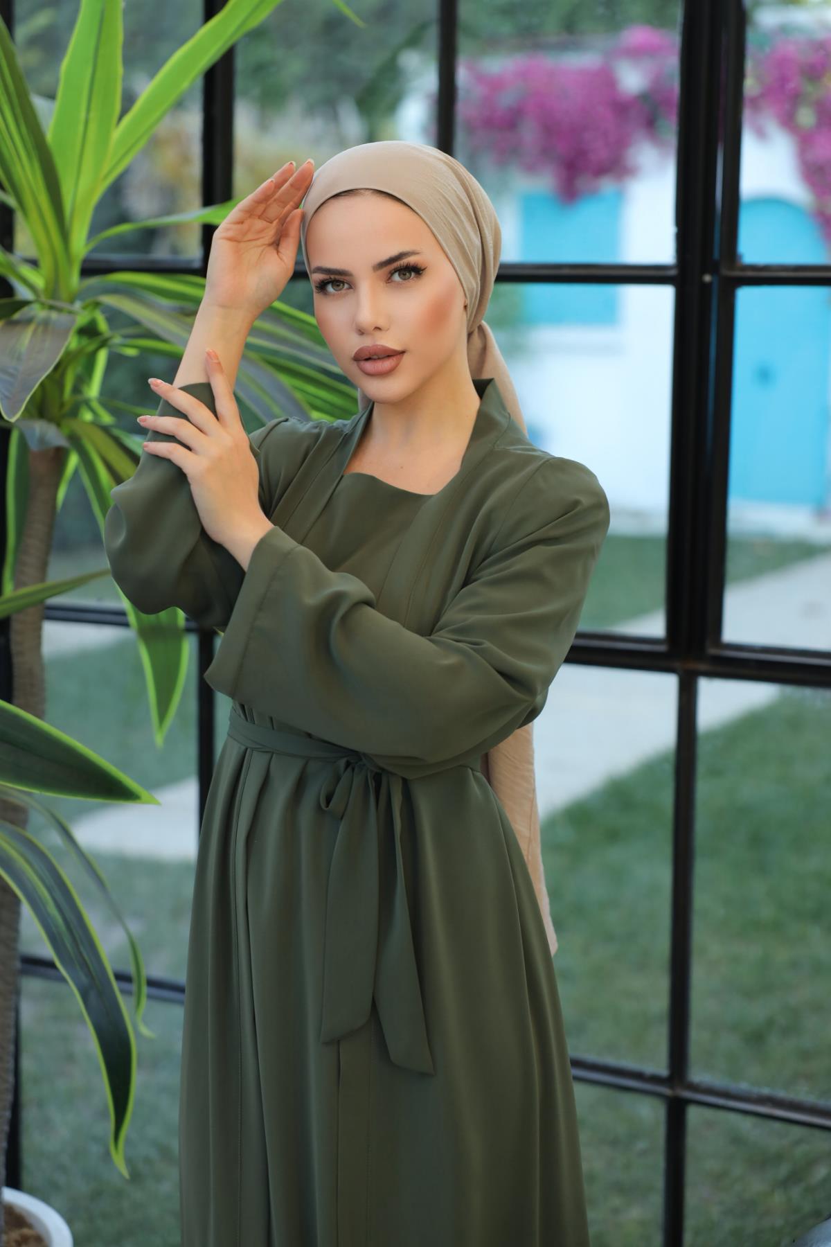Açık Haki Abaya Görünümlü Elbise Nsr5040