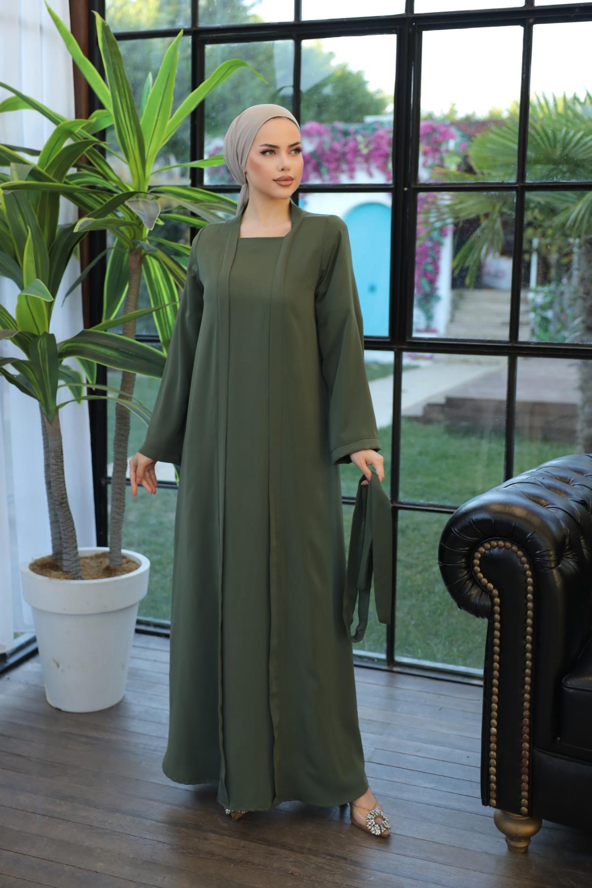 Açık Haki Abaya Görünümlü Elbise Nsr5040