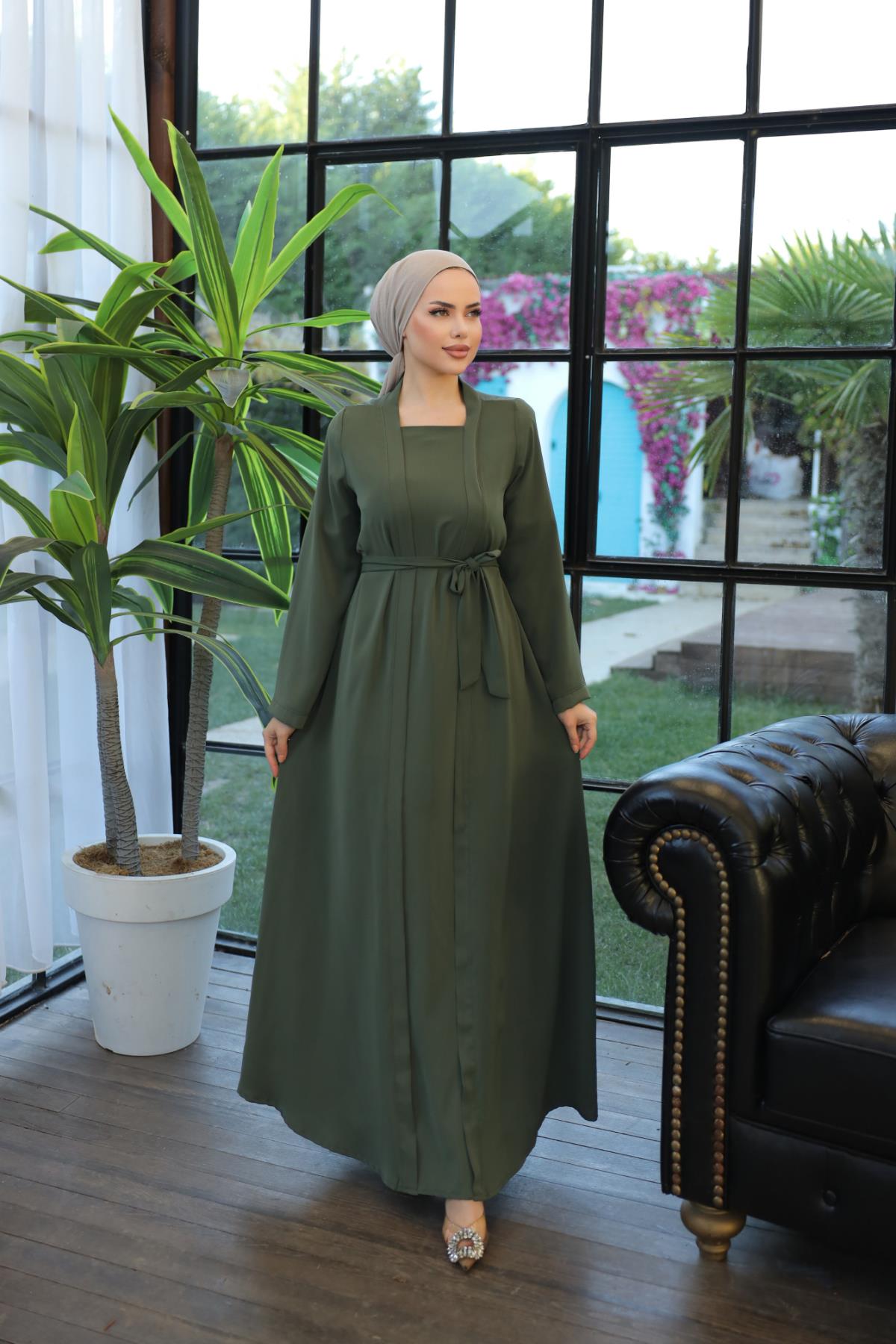 Açık Haki Abaya Görünümlü Elbise Nsr5040