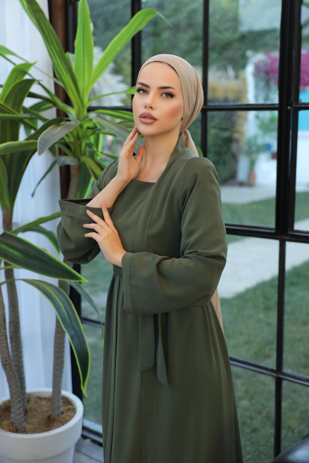 Açık Haki Abaya Görünümlü Elbise Nsr5040