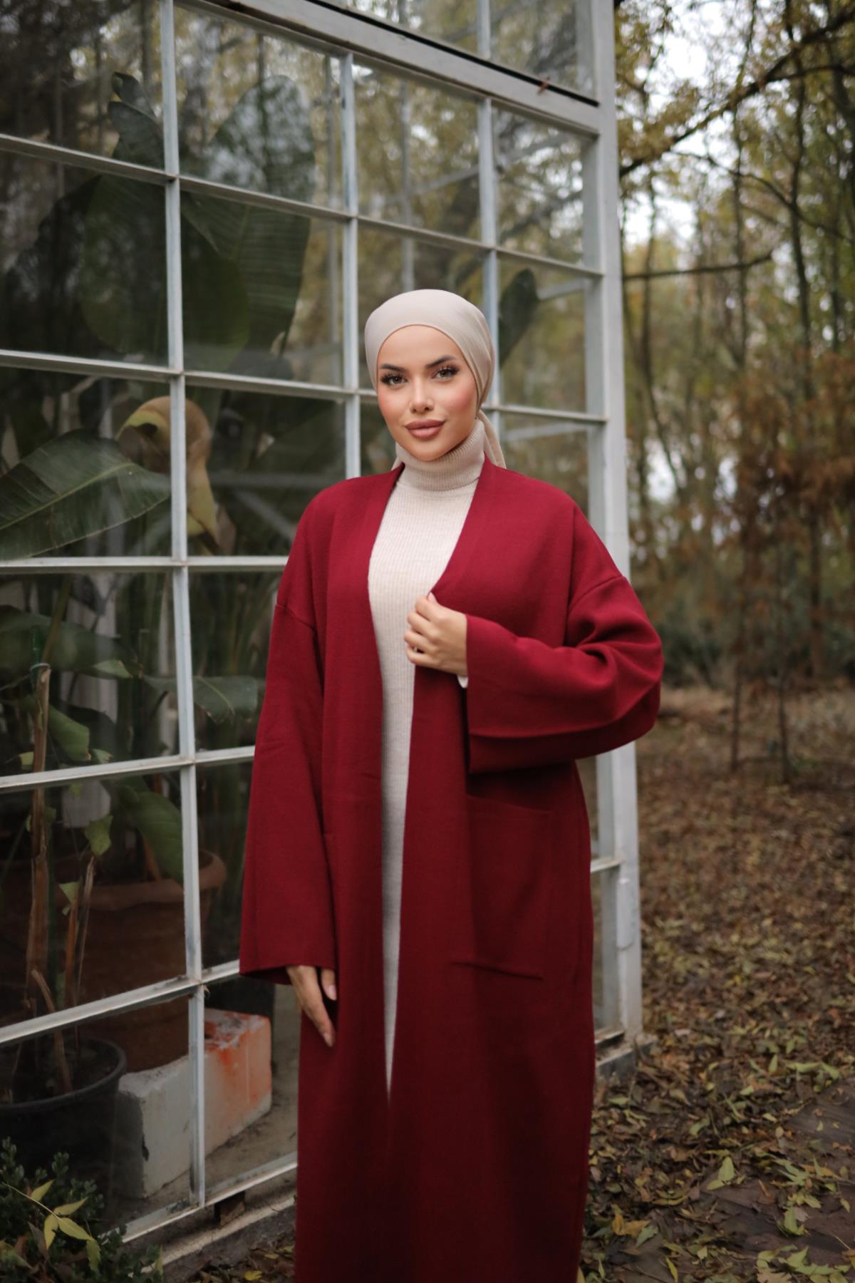 Bordo Çift Çelik Örgü Triko Hırka Nsr18202